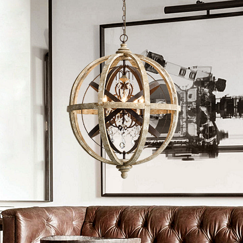 Retro 5 Heads Chandelier Lamp Rust Laser-Cut Ceiling Pendant Light with Wood Shade for Living Room Clearhalo 'Ceiling Lights' 'Chandeliers' Lighting' options 339903