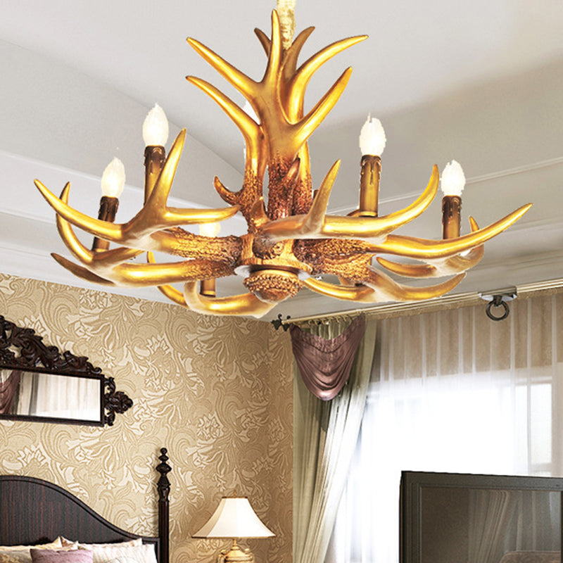 Resin Gold Hanging Chandelier Candle 6 Bulbs Traditional Pendant Light Fixture for Living Room Clearhalo 'Ceiling Lights' 'Chandeliers' Lighting' options 340594