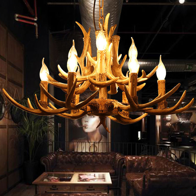 2-Tier Living Room Hanging Lamp Traditional Resin 9 Bulbs Brown Chandelier Pendant Light Clearhalo 'Ceiling Lights' 'Chandeliers' Lighting' options 340623