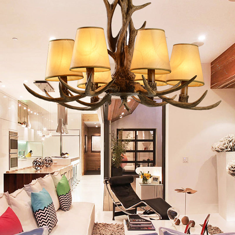 6-Bulb Conical Chandelier Light Antique Brown Resin Suspension Pendant with Glass Shade for Living Room Clearhalo 'Ceiling Lights' 'Chandeliers' Lighting' options 340667