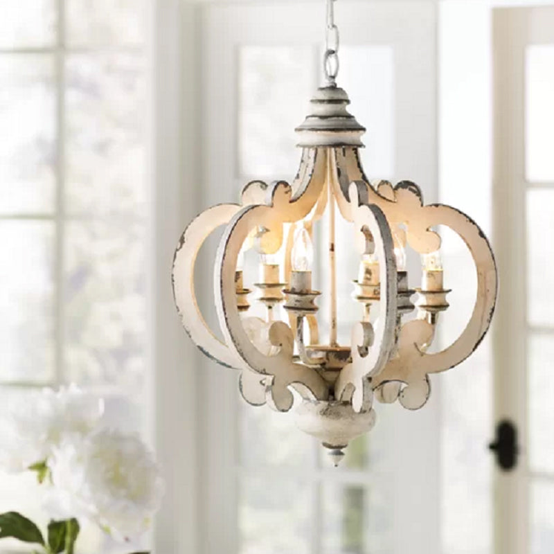 5 Bulbs Circle Ceiling Chandelier Traditional Wood Suspended Lighting Fixture in White Clearhalo 'Ceiling Lights' 'Chandeliers' Lighting' options 341886