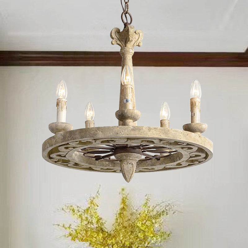 Round Pendant Chandelier Traditional Wood 5/6 Bulbs Light Tan Hanging Lamp for Living Room Clearhalo 'Ceiling Lights' 'Chandeliers' Lighting' options 341949