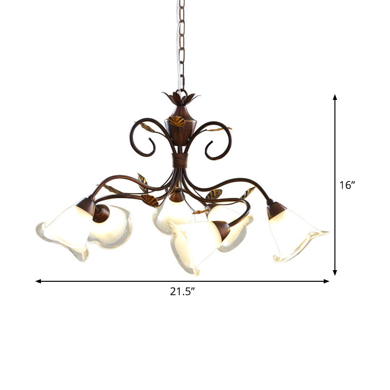 6 Heads Bedroom Hanging Chandelier Contemporary Red Brown Ceiling Pendant Light with Flower Frosted Glass Shade Clearhalo 'Ceiling Lights' 'Chandeliers' 'Close To Ceiling Lights' 'Glass shade' 'Glass' Lighting' 342093