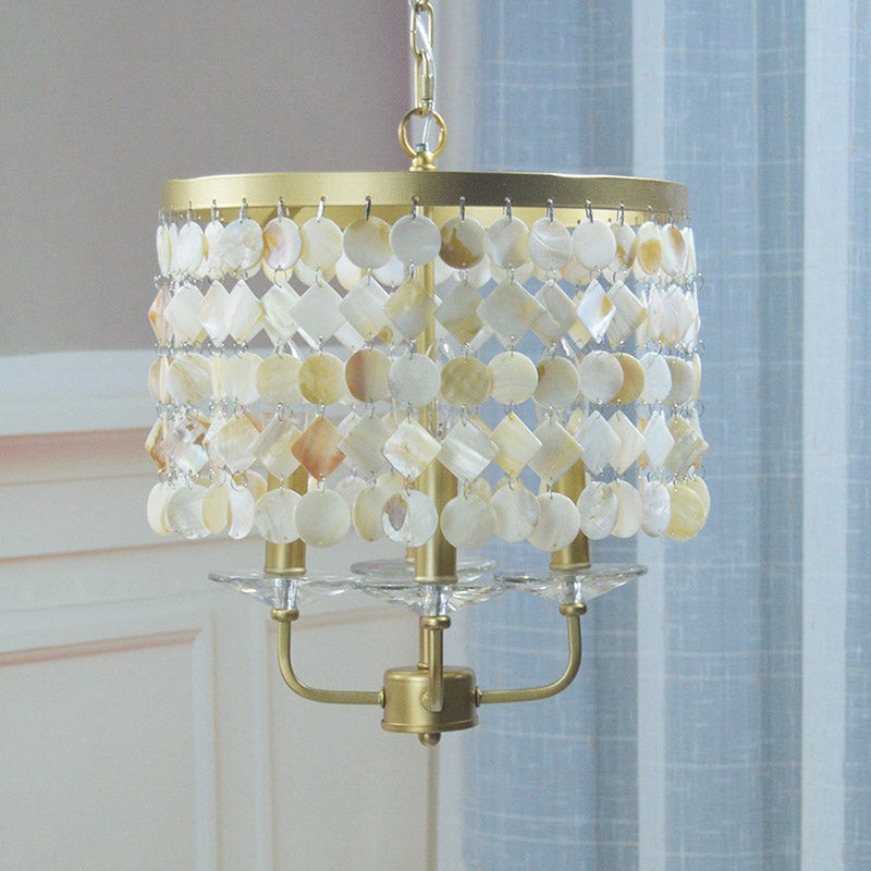 4/6 Bulbs Drum Ceiling Chandelier Traditional Shell Suspended Lighting Fixture in Brass 4 Brass Clearhalo 'Ceiling Lights' 'Chandeliers' Lighting' options 342109_0eb614a1-f624-4794-9b6f-2c3c5b2d34a8