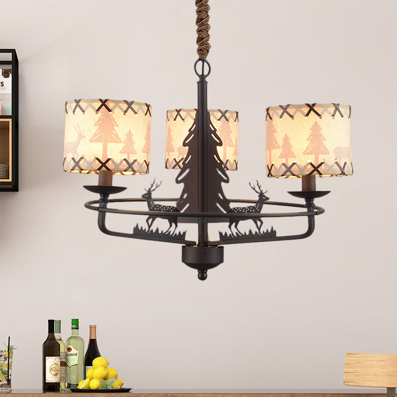 Beige Drum Chandelier Lamp Traditional Fabric 3 Lights Bedroom Hanging Light with Animal Design Clearhalo 'Ceiling Lights' 'Chandeliers' Lighting' options 342149