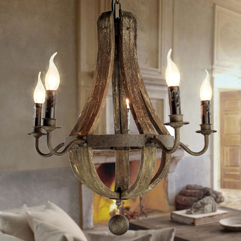 5/6 Lights Chandelier Lighting Fixture Rustic Wine Barrel Wood Hanging Light in Brown for Bedroom Clearhalo 'Ceiling Lights' 'Chandeliers' Lighting' options 342310