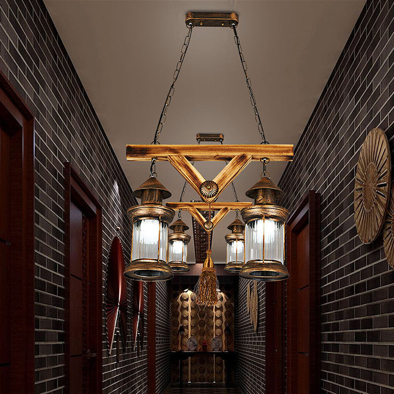 2 Lights Wooden Chandelier Lamp Farmhouse Antique Brass Lantern Porch Down Lighting Pendant Antique Brass Clearhalo 'Ceiling Lights' 'Chandeliers' 'Glass shade' 'Glass' Lighting' 342318