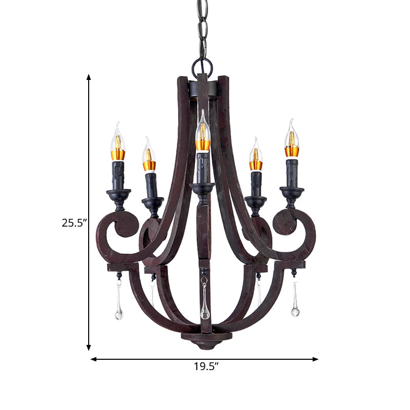 Brown Candle Pendant Chandelier Rural Wooden 5 Heads Restaurant Hanging Ceiling Light Clearhalo 'Ceiling Lights' 'Chandeliers' Lighting' options 342347