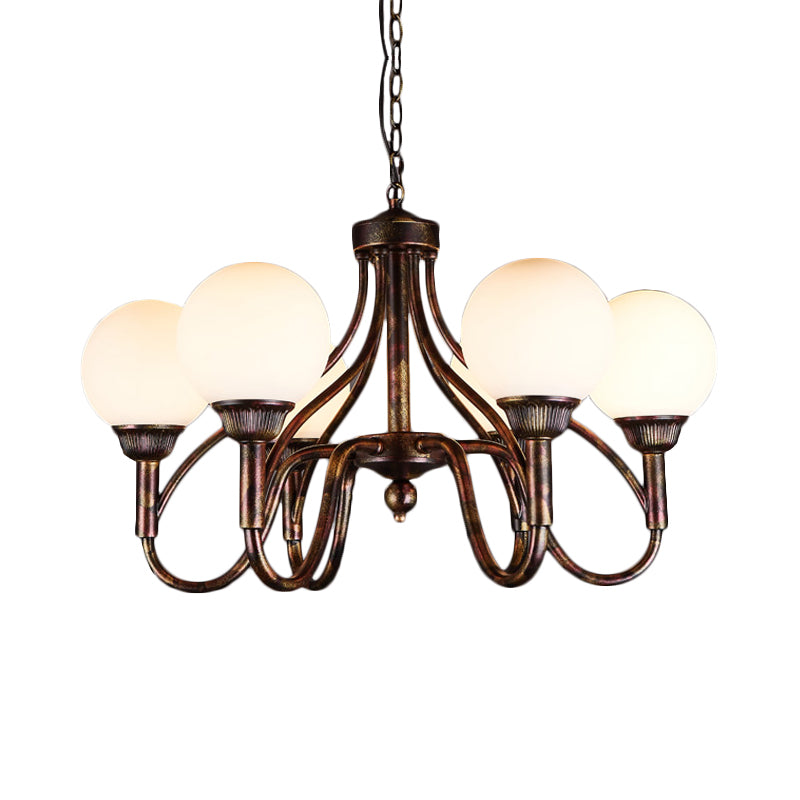 Opal Glass Sphere Chandelier Lamp Rural 6-Head Restaurant Pendant Ceiling Light in Rust Clearhalo 'Ceiling Lights' 'Chandeliers' 'Close To Ceiling Lights' 'Glass shade' 'Glass' Lighting' 342424