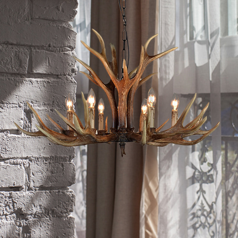 Wood Candle Pendant Chandelier Rural Resin 6/8/12 Heads Living Room Hanging Ceiling Light 6 Wood Clearhalo 'Ceiling Lights' 'Chandeliers' Lighting' options 342426_869f8903-9d55-4900-bd29-9405ff95d357