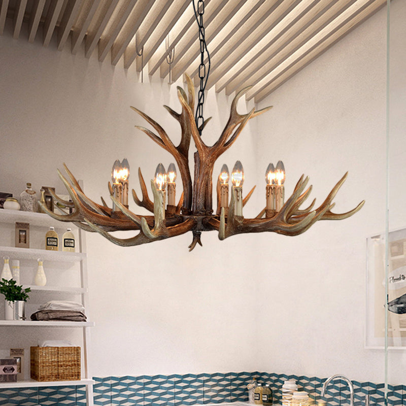 Wood Candle Pendant Chandelier Rural Resin 6/8/12 Heads Living Room Hanging Ceiling Light Clearhalo 'Ceiling Lights' 'Chandeliers' Lighting' options 342431