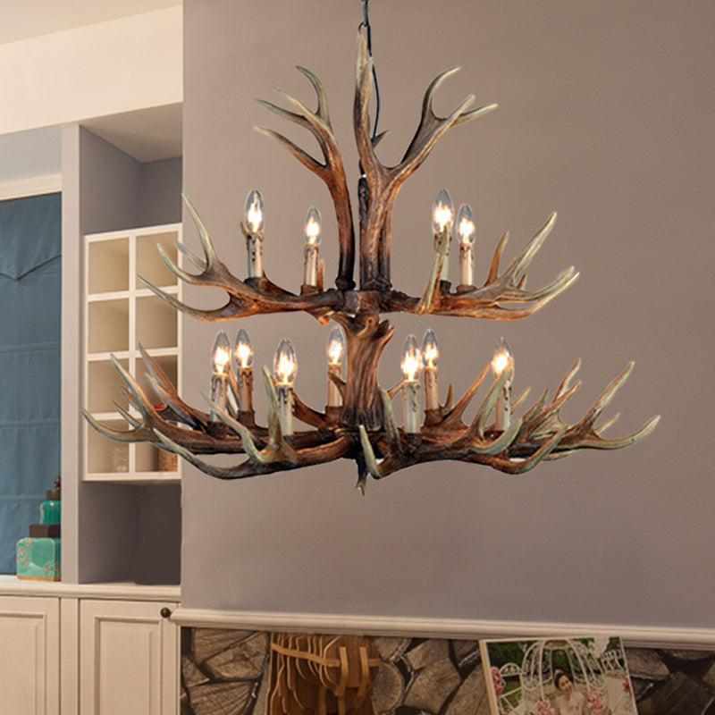Wood Candle Pendant Chandelier Rural Resin 6/8/12 Heads Living Room Hanging Ceiling Light 12 Wood Clearhalo 'Ceiling Lights' 'Chandeliers' Lighting' options 342436_4f5c10fd-9a9b-472d-a1ff-20bb7afa36d9