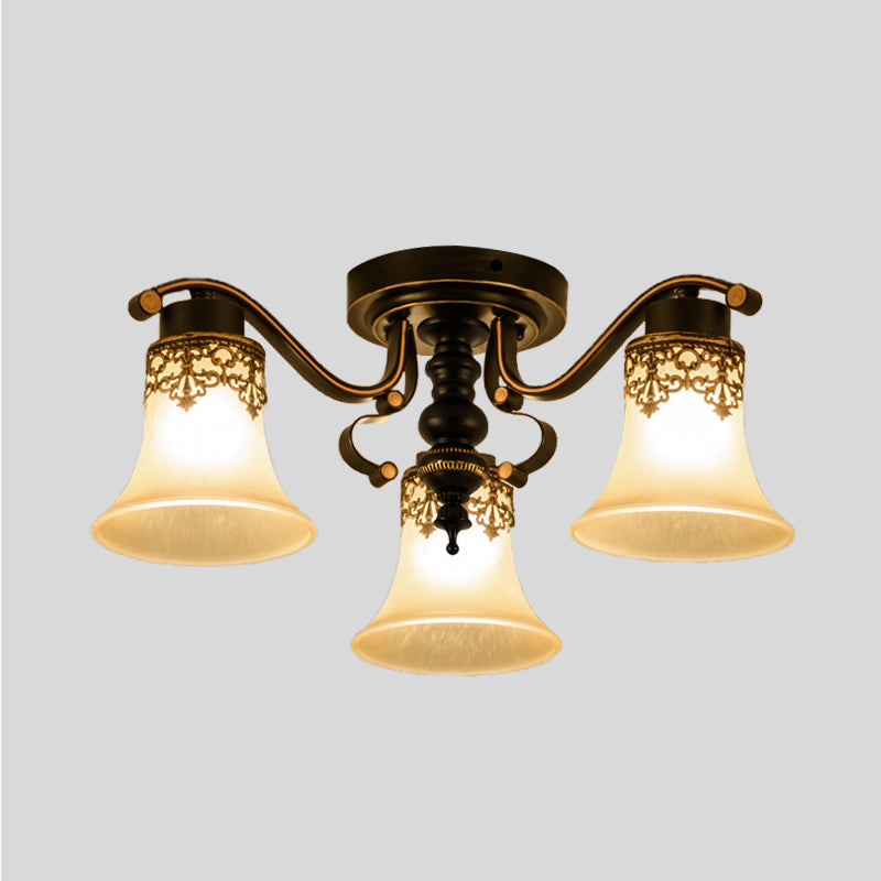 Black Bell Semi Flush Mount Classic Frosted Glass 3/6/8 Lights Living Room Ceiling Light Fixture Clearhalo 'Ceiling Lights' 'Close To Ceiling Lights' 'Close to ceiling' 'Glass shade' 'Glass' 'Pendant Lights' 'Semi-flushmount' Lighting' 342665