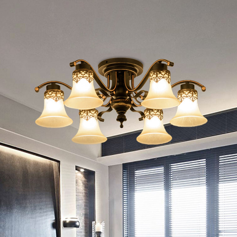 Black Bell Semi Flush Mount Classic Frosted Glass 3/6/8 Lights Living Room Ceiling Light Fixture 6 Black Clearhalo 'Ceiling Lights' 'Close To Ceiling Lights' 'Close to ceiling' 'Glass shade' 'Glass' 'Pendant Lights' 'Semi-flushmount' Lighting' 342667