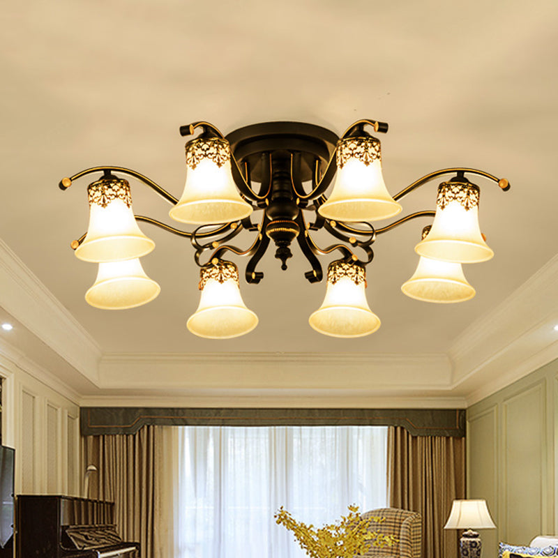 Black Bell Semi Flush Mount Classic Frosted Glass 3/6/8 Lights Living Room Ceiling Light Fixture 8 Black Clearhalo 'Ceiling Lights' 'Close To Ceiling Lights' 'Close to ceiling' 'Glass shade' 'Glass' 'Pendant Lights' 'Semi-flushmount' Lighting' 342671