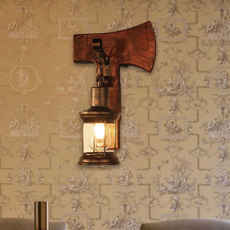 Rust One Light Sconce Light Coastal Clear Glass Lantern Lighting Fixture with Wooden Backplate Clearhalo 'Industrial wall lights' 'Industrial' 'Middle century wall lights' 'Rustic wall lights' 'Tiffany' 'Wall Lamps & Sconces' 'Wall Lights' Lighting' 3435_31c9d6ae-8549-433c-b535-f3bb24628a3b