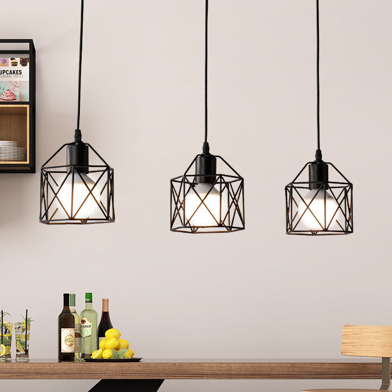 Hexagon Kitchen Ceiling Fixture with Wire Cage Farmhouse Style Metallic 3 Bulbs Black Finish Pendant Light Black Linear Clearhalo 'Art Deco Pendants' 'Black' 'Cast Iron' 'Ceiling Lights' 'Ceramic' 'Crystal' 'Industrial Pendants' 'Industrial' 'Metal' 'Middle Century Pendants' 'Pendant Lights' 'Pendants' 'Rustic Pendants' 'Tiffany' Lighting' 34522