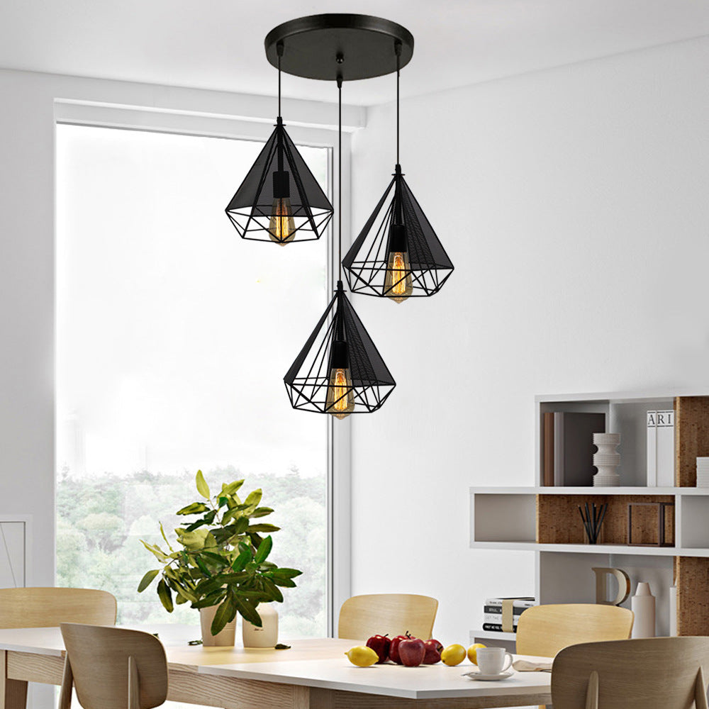 Black Diamond Cage Hanging Light Retro Style Metallic 3 Heads Dining Room Pendant Lighting with Round/Linear Canopy Black Round Clearhalo 'Art Deco Pendants' 'Black' 'Cast Iron' 'Ceiling Lights' 'Ceramic' 'Crystal' 'Industrial Pendants' 'Industrial' 'Metal' 'Middle Century Pendants' 'Pendant Lights' 'Pendants' 'Rustic Pendants' 'Tiffany' Lighting' 34678