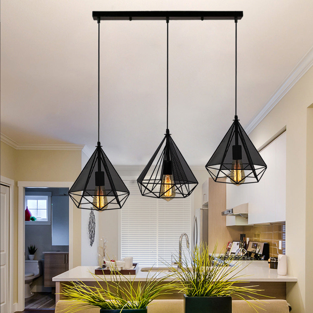 Black Diamond Cage Hanging Light Retro Style Metallic 3 Heads Dining Room Pendant Lighting with Round/Linear Canopy Black Linear Clearhalo 'Art Deco Pendants' 'Black' 'Cast Iron' 'Ceiling Lights' 'Ceramic' 'Crystal' 'Industrial Pendants' 'Industrial' 'Metal' 'Middle Century Pendants' 'Pendant Lights' 'Pendants' 'Rustic Pendants' 'Tiffany' Lighting' 34683
