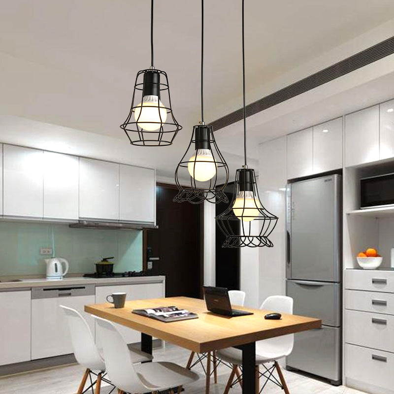 3 Lights Wire Frame Ceiling Light Industrial Style Black Finish Metal Hanging Pendant Light with Round/Linear Canopy Clearhalo 'Art Deco Pendants' 'Black' 'Cast Iron' 'Ceiling Lights' 'Ceramic' 'Crystal' 'Industrial Pendants' 'Industrial' 'Metal' 'Middle Century Pendants' 'Pendant Lights' 'Pendants' 'Rustic Pendants' 'Tiffany' Lighting' 35113
