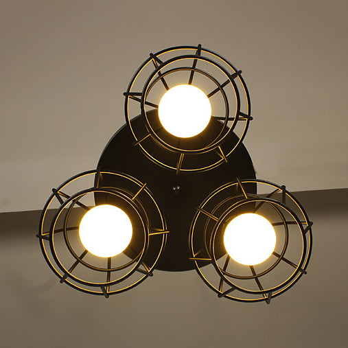Vintage Industrial Caged Pendant Lighting 3 Heads Metallic Hanging Ceiling Light with Round/Linear Canopy in Black Clearhalo 'Ceiling Lights' 'Pendant Lights' 'Pendants' Lighting' 35272