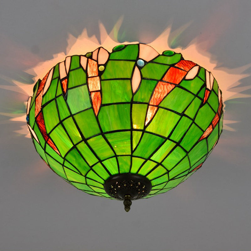 Cut Glass Domed Flush Mount Lighting Fixture Baroque 3 Lights Green Flush Light for Corridor Clearhalo 'Ceiling Lights' 'Close To Ceiling Lights' 'Close to ceiling' 'Flush mount' Lighting' 359221