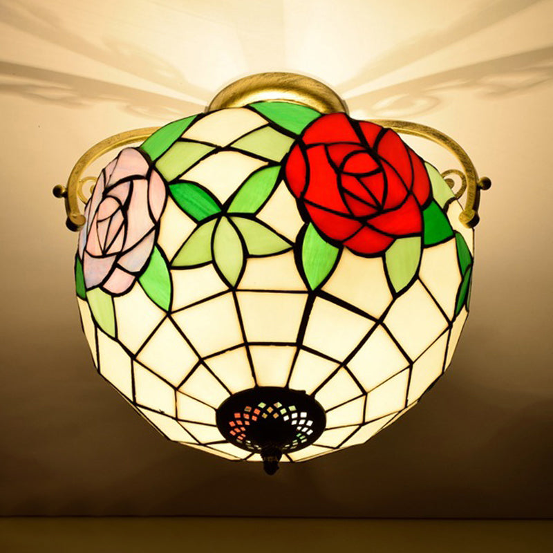 Rose Semi Flush Mount Lighting 2 Lights Stained Glass Mediterranean Ceiling Mounted Fixture in Red/Pink/Blue Clearhalo 'Ceiling Lights' 'Close To Ceiling Lights' 'Close to ceiling' 'Glass shade' 'Glass' 'Pendant Lights' 'Semi-flushmount' 'Tiffany close to ceiling' 'Tiffany' Lighting' 359249
