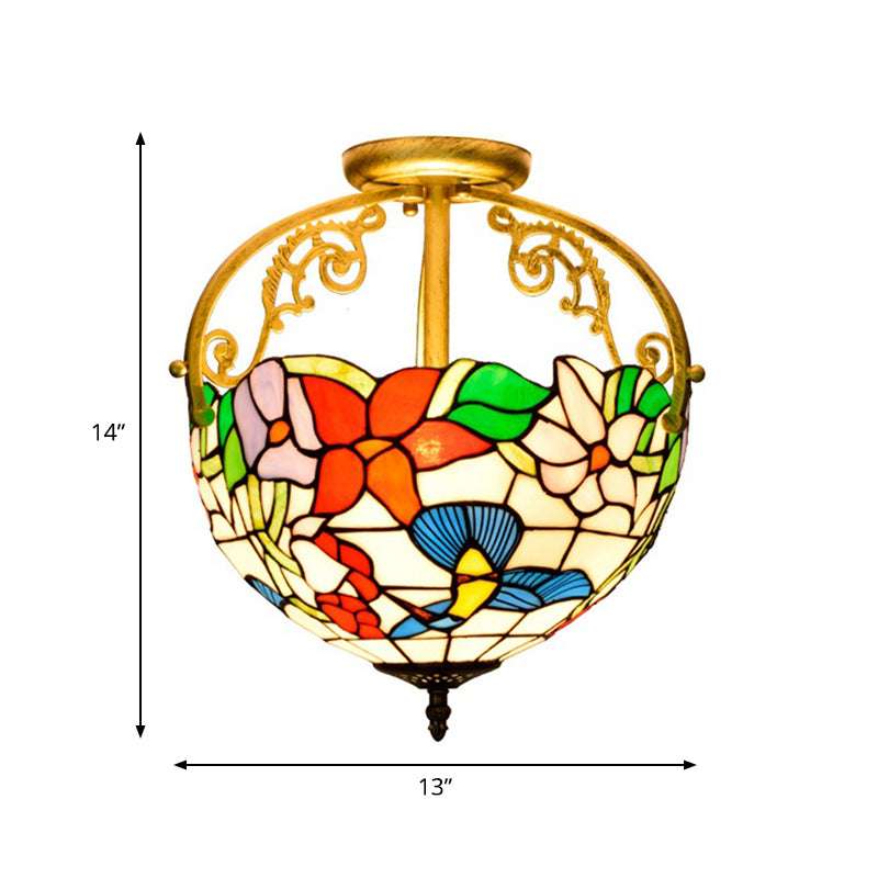 Rose Semi Flush Mount Lighting 2 Lights Stained Glass Mediterranean Ceiling Mounted Fixture in Red/Pink/Blue Clearhalo 'Ceiling Lights' 'Close To Ceiling Lights' 'Close to ceiling' 'Glass shade' 'Glass' 'Pendant Lights' 'Semi-flushmount' 'Tiffany close to ceiling' 'Tiffany' Lighting' 359255