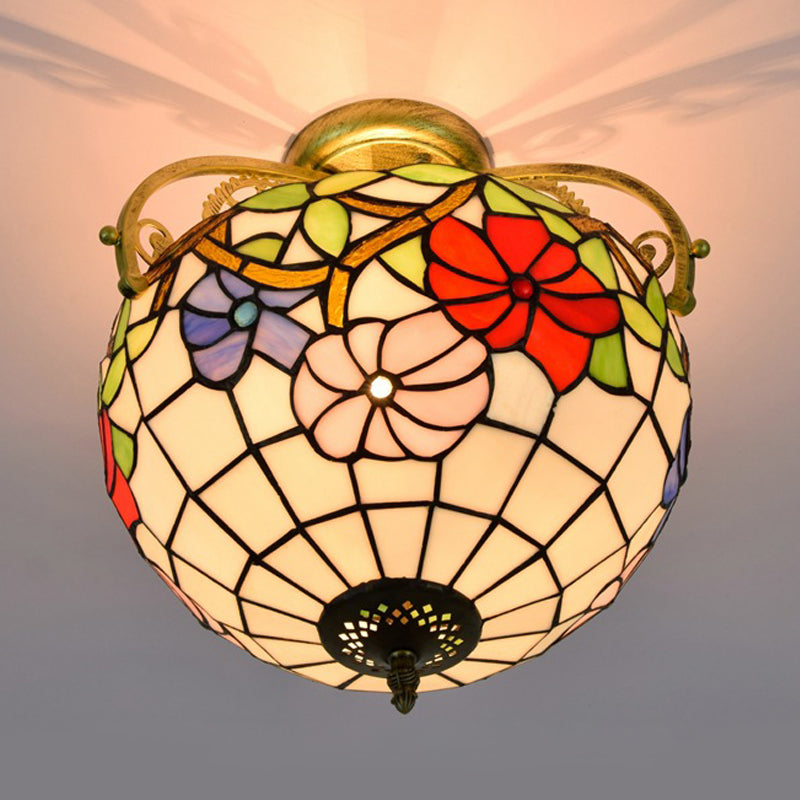 Rose Semi Flush Mount Lighting 2 Lights Stained Glass Mediterranean Ceiling Mounted Fixture in Red/Pink/Blue Clearhalo 'Ceiling Lights' 'Close To Ceiling Lights' 'Close to ceiling' 'Glass shade' 'Glass' 'Pendant Lights' 'Semi-flushmount' 'Tiffany close to ceiling' 'Tiffany' Lighting' 359258