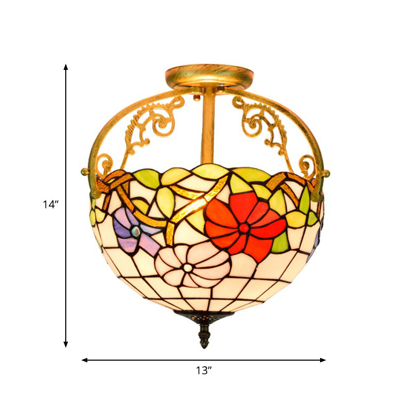 Rose Semi Flush Mount Lighting 2 Lights Stained Glass Mediterranean Ceiling Mounted Fixture in Red/Pink/Blue Clearhalo 'Ceiling Lights' 'Close To Ceiling Lights' 'Close to ceiling' 'Glass shade' 'Glass' 'Pendant Lights' 'Semi-flushmount' 'Tiffany close to ceiling' 'Tiffany' Lighting' 359260