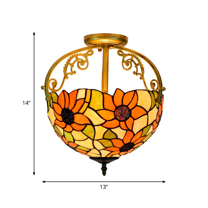 Rose Semi Flush Mount Lighting 2 Lights Stained Glass Mediterranean Ceiling Mounted Fixture in Red/Pink/Blue Clearhalo 'Ceiling Lights' 'Close To Ceiling Lights' 'Close to ceiling' 'Glass shade' 'Glass' 'Pendant Lights' 'Semi-flushmount' 'Tiffany close to ceiling' 'Tiffany' Lighting' 359264