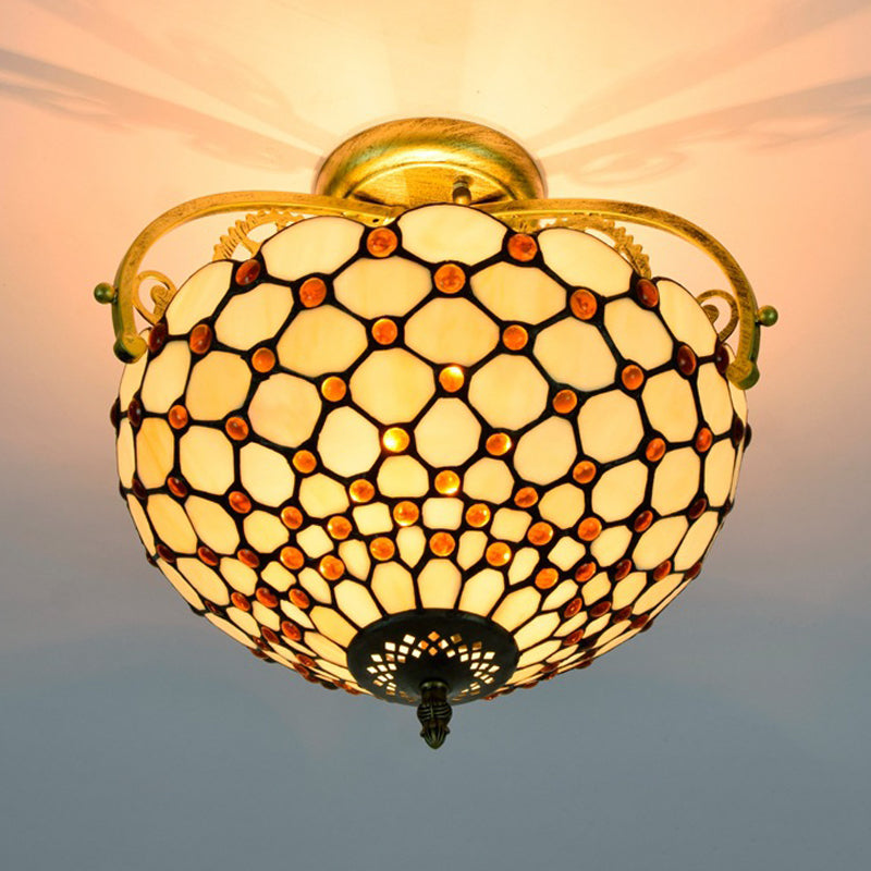 Cut Glass Beige Semi Flush Mount Ceiling Fixture Beaded 2 Lights Tiffany Stylish Ceiling Flush Clearhalo 'Ceiling Lights' 'Close To Ceiling Lights' 'Close to ceiling' 'Glass shade' 'Glass' 'Semi-flushmount' 'Tiffany close to ceiling' 'Tiffany' Lighting' 359324