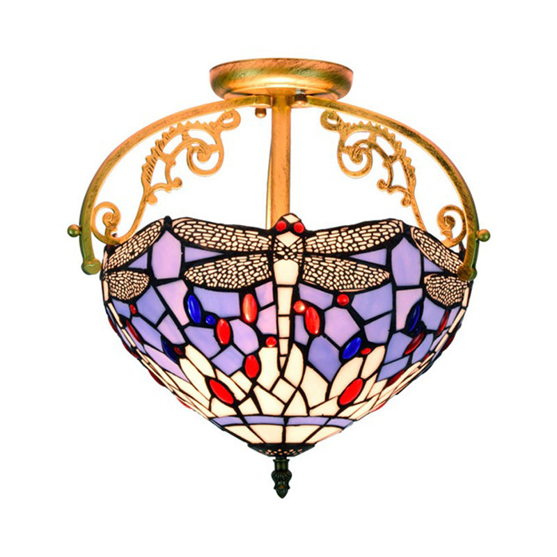 2 Lights Kitchen Semi-Flush Mount Mediterranean Beige/Red/Orange Close to Ceiling Lighting with Dragonfly Cut Glass Shade Clearhalo 'Ceiling Lights' 'Chandeliers' 'Close To Ceiling Lights' 'Close to ceiling' 'Glass shade' 'Glass' 'Pendant Lights' 'Semi-flushmount' 'Tiffany close to ceiling' 'Tiffany' Lighting' 359358