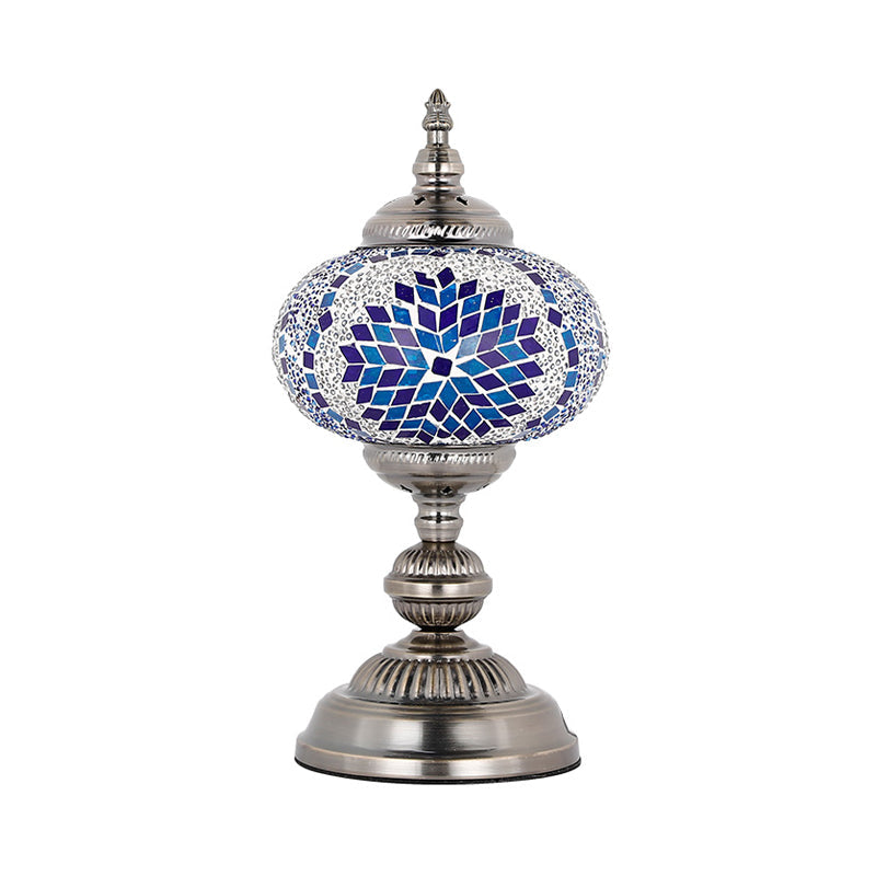Tower Bedroom Night Table Lamp Mediterranean Stained Glass 1 Bulb Red/Blue/Yellow and Blue Nightstand Light Blue Clearhalo 'Lamps' 'Table Lamps' Lighting' 359472