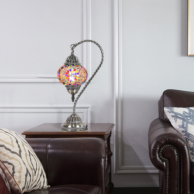 1 Bulb Night Lamp Mediterranean Teardrop Shaped Purple/Yellow and Red/Red Brown Stained Glass Nightstand Light with Gooseneck Arm Clearhalo 'Lamps' 'Table Lamps' Lighting' 359544