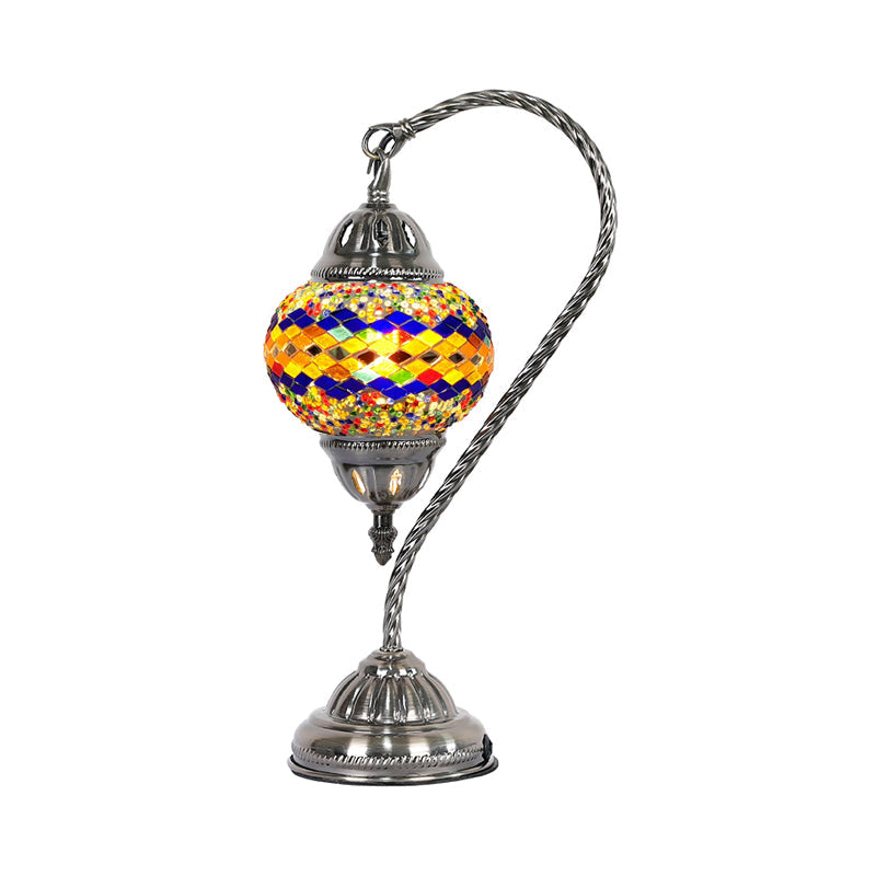 1 Bulb Night Lamp Mediterranean Teardrop Shaped Purple/Yellow and Red/Red Brown Stained Glass Nightstand Light with Gooseneck Arm Red-Blue Clearhalo 'Lamps' 'Table Lamps' Lighting' 359549