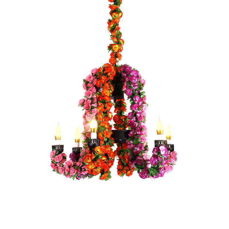 6 Heads Metal Hanging Light Kit Industrial Purple Curved Arm Restaurant Chandelier Lighting with Flower Decoration Clearhalo 'Cast Iron' 'Ceiling Lights' 'Chandeliers' 'Industrial Chandeliers' 'Industrial' 'Metal' 'Middle Century Chandeliers' 'Rustic Chandeliers' 'Tiffany' Lighting' 359781