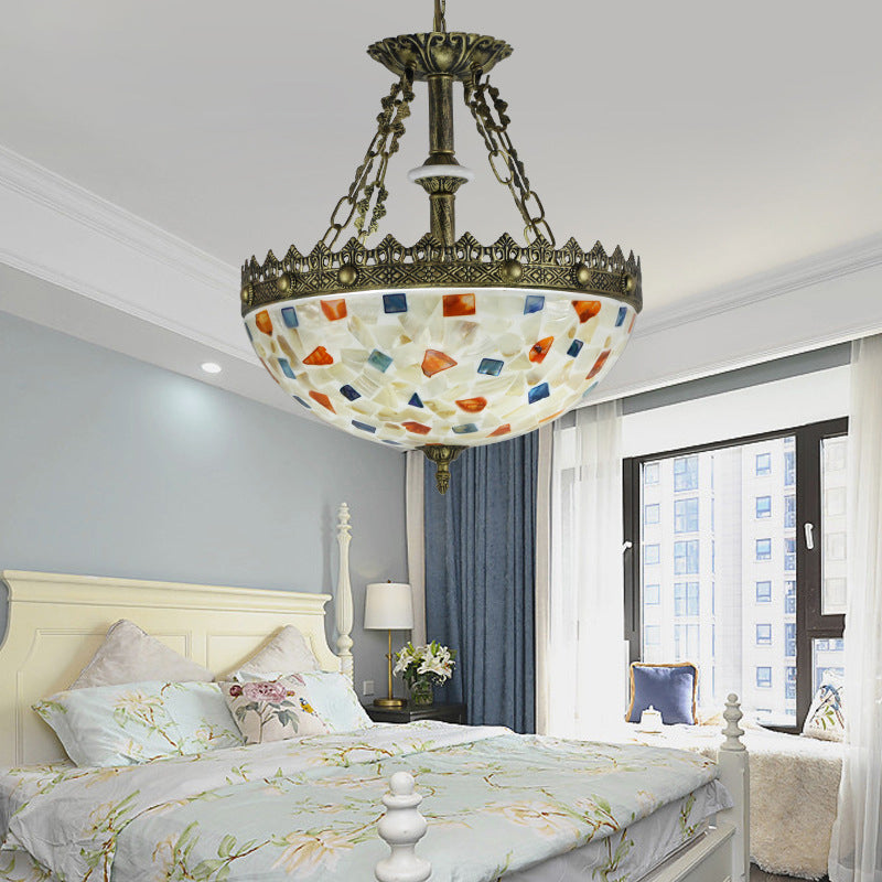 Stained Glass Bowl Pendant Light with Metal Chain Vintage Hanging Ceiling Light in White/Beige/Orange-Blue for Foyer Orange-Blue Clearhalo 'Ceiling Lights' 'Chandeliers' 'Industrial' 'Middle Century Chandeliers' 'Tiffany Chandeliers' 'Tiffany close to ceiling' 'Tiffany' Lighting' 35985