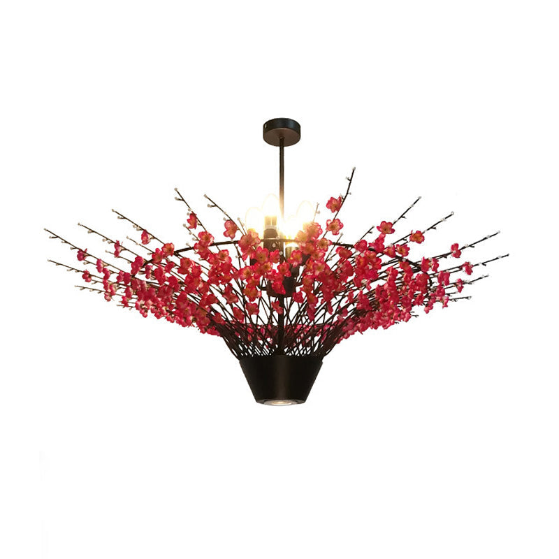 Floral Metal Chandelier Pendant Light Antique 4 Lights LED Restaurant Suspension Lamp in Pink, 31.5"/39" W Clearhalo 'Cast Iron' 'Ceiling Lights' 'Chandeliers' 'Industrial Chandeliers' 'Industrial' 'Metal' 'Middle Century Chandeliers' 'Rustic Chandeliers' 'Tiffany' Lighting' 359894