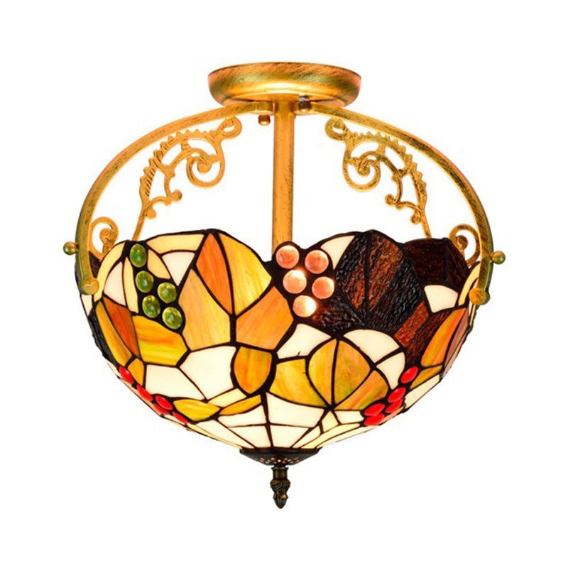 Brass 2/3 Lights Semi-Flush Mount Light Tiffany Cut Glass Bowl Ceiling Fixture for Bedroom Clearhalo 'Ceiling Lights' 'Close To Ceiling Lights' 'Close to ceiling' 'Glass shade' 'Glass' 'Semi-flushmount' 'Tiffany close to ceiling' 'Tiffany' Lighting' 360523