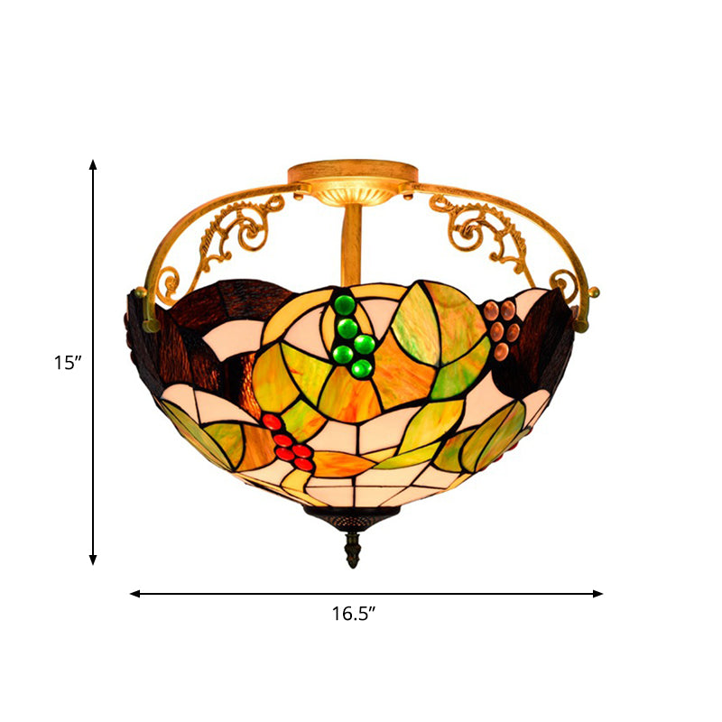 Brass 2/3 Lights Semi-Flush Mount Light Tiffany Cut Glass Bowl Ceiling Fixture for Bedroom Clearhalo 'Ceiling Lights' 'Close To Ceiling Lights' 'Close to ceiling' 'Glass shade' 'Glass' 'Semi-flushmount' 'Tiffany close to ceiling' 'Tiffany' Lighting' 360528