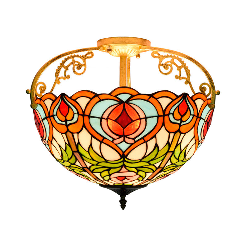 2/3 Lights Petal Semi Flush Mediterranean Red Cut Glass Close to Ceiling Lamp for Bedroom Clearhalo 'Ceiling Lights' 'Close To Ceiling Lights' 'Close to ceiling' 'Glass shade' 'Glass' 'Semi-flushmount' 'Tiffany close to ceiling' 'Tiffany' Lighting' 360535