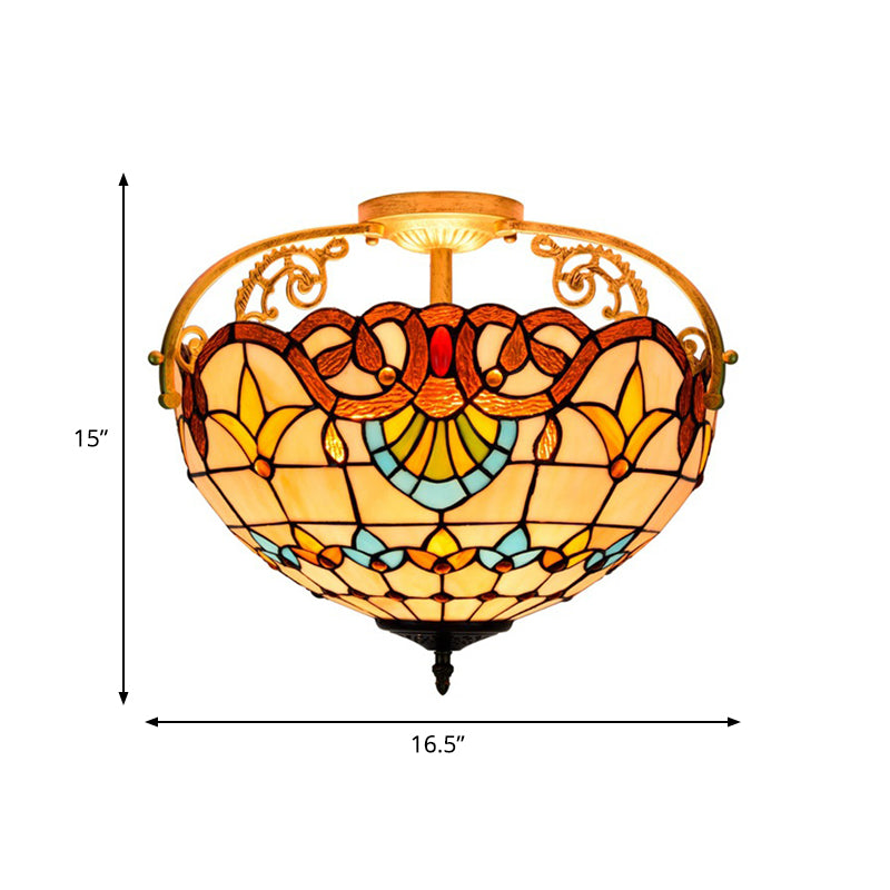 3 Lights Kitchen Semi Flush Ceiling Light Tiffany Yellow/Brown/Blue Lighting Fixture with Bowl Stained Art Glass Shade Clearhalo 'Ceiling Lights' 'Close To Ceiling Lights' 'Close to ceiling' 'Glass shade' 'Glass' 'Semi-flushmount' 'Tiffany close to ceiling' 'Tiffany' Lighting' 360559