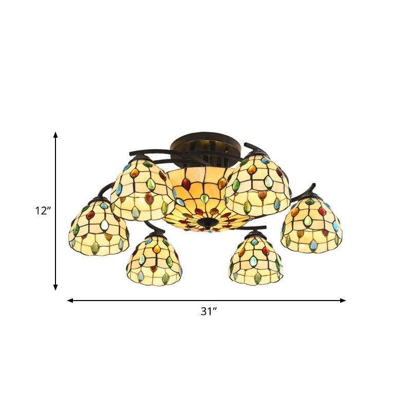 Tiffany Beaded Semi Flush Light 9/11 Lights Beige Glass Ceiling Mounted Fixture for Bedroom Clearhalo 'Ceiling Lights' 'Close To Ceiling Lights' 'Close to ceiling' 'Glass shade' 'Glass' 'Semi-flushmount' 'Tiffany close to ceiling' 'Tiffany' Lighting' 360626
