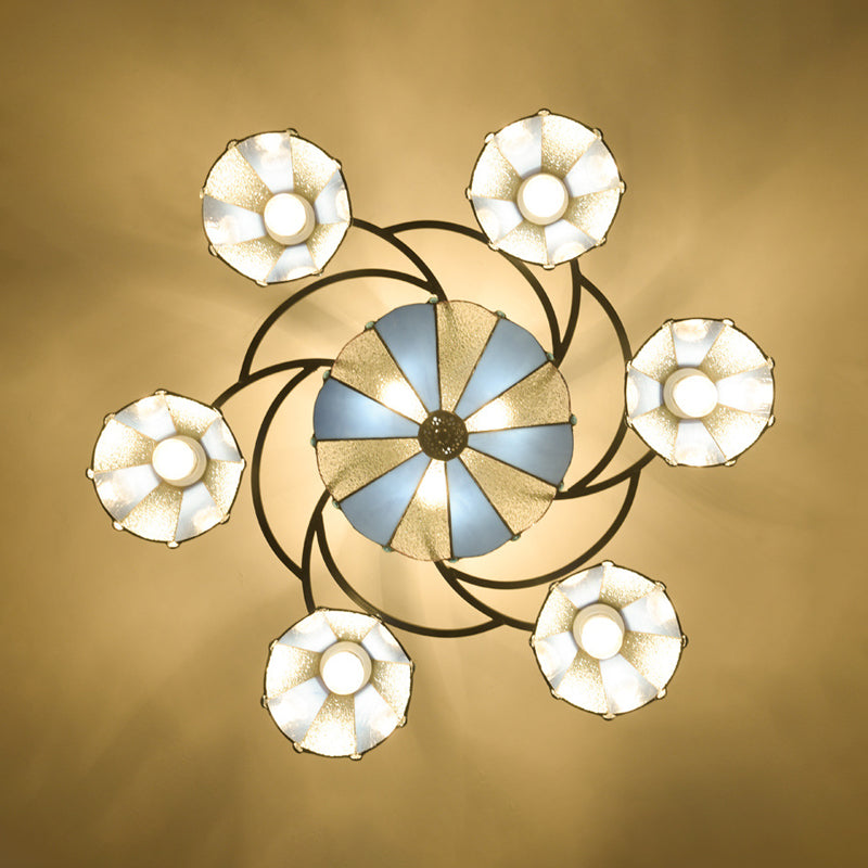 Frosted Glass White/Yellow/Blue Semi-Flush Mount Light Domed/Cone/Bell 9/11 Lights Tiffany Style Ceiling Fixture for Living Room Clearhalo 'Ceiling Lights' 'Close To Ceiling Lights' 'Close to ceiling' 'Glass shade' 'Glass' 'Pendant Lights' 'Semi-flushmount' 'Tiffany close to ceiling' 'Tiffany' Lighting' 360634