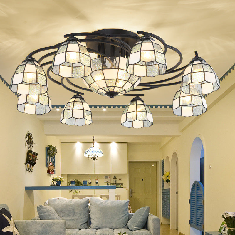 Frosted Glass White/Yellow/Blue Semi-Flush Mount Light Domed/Cone/Bell 9/11 Lights Tiffany Style Ceiling Fixture for Living Room 11 White Clearhalo 'Ceiling Lights' 'Close To Ceiling Lights' 'Close to ceiling' 'Glass shade' 'Glass' 'Pendant Lights' 'Semi-flushmount' 'Tiffany close to ceiling' 'Tiffany' Lighting' 360636