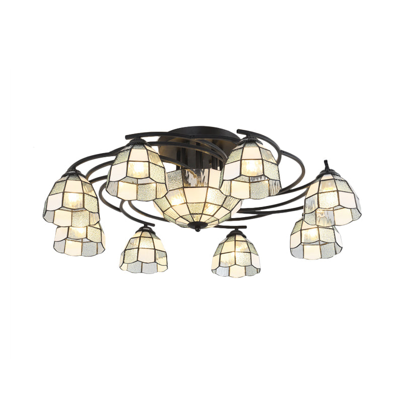 Frosted Glass White/Yellow/Blue Semi-Flush Mount Light Domed/Cone/Bell 9/11 Lights Tiffany Style Ceiling Fixture for Living Room Clearhalo 'Ceiling Lights' 'Close To Ceiling Lights' 'Close to ceiling' 'Glass shade' 'Glass' 'Pendant Lights' 'Semi-flushmount' 'Tiffany close to ceiling' 'Tiffany' Lighting' 360637