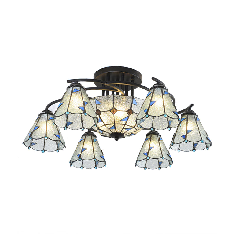 Frosted Glass White/Yellow/Blue Semi-Flush Mount Light Domed/Cone/Bell 9/11 Lights Tiffany Style Ceiling Fixture for Living Room Clearhalo 'Ceiling Lights' 'Close To Ceiling Lights' 'Close to ceiling' 'Glass shade' 'Glass' 'Pendant Lights' 'Semi-flushmount' 'Tiffany close to ceiling' 'Tiffany' Lighting' 360640