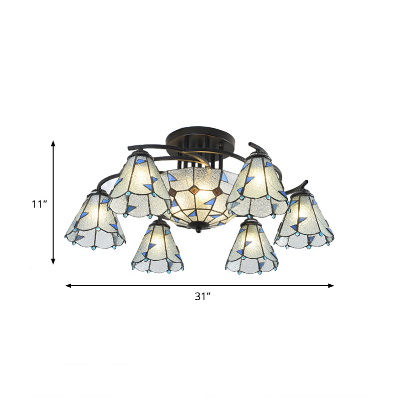 Frosted Glass White/Yellow/Blue Semi-Flush Mount Light Domed/Cone/Bell 9/11 Lights Tiffany Style Ceiling Fixture for Living Room Clearhalo 'Ceiling Lights' 'Close To Ceiling Lights' 'Close to ceiling' 'Glass shade' 'Glass' 'Pendant Lights' 'Semi-flushmount' 'Tiffany close to ceiling' 'Tiffany' Lighting' 360641