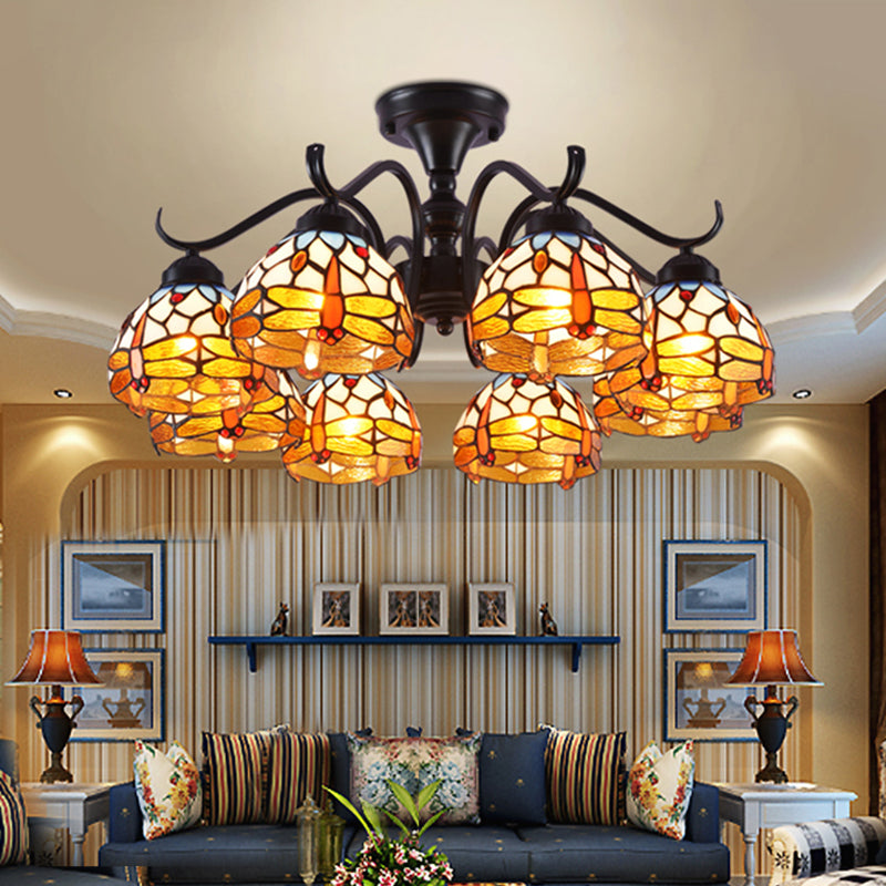 13"/19.5" H Dragonfly Semi-Flush Mount 6 Lights Cut Glass Mediterranean Ceiling Mounted Fixture in Black Black 19.5" Clearhalo 'Ceiling Lights' 'Close To Ceiling Lights' 'Close to ceiling' 'Glass shade' 'Glass' 'Semi-flushmount' 'Tiffany close to ceiling' 'Tiffany' Lighting' 360670